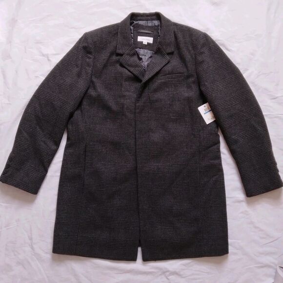 Calvin Klein Wool Blend Coat Black Gray Plaid Quilted Lining Mens Size XL - Picture 1 of 15